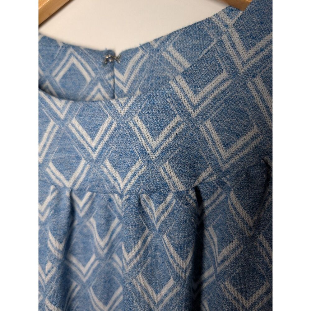 Vintage Handmade Blue Geometric Long Sleeve Midi Dress w/ Tie Waist - Picture 7 of 9